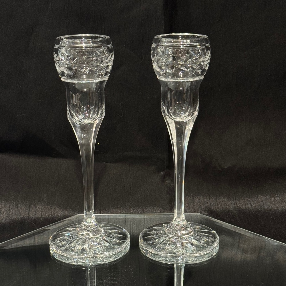 Ralph Lauren Claremont Crystal Candlestick Holders Etched Laurel Band Retired